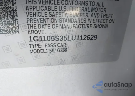 2020 Chevrolet Impala Fwd Premier z USA, uszkodzony, nr VIN 1G1105S35LU112629